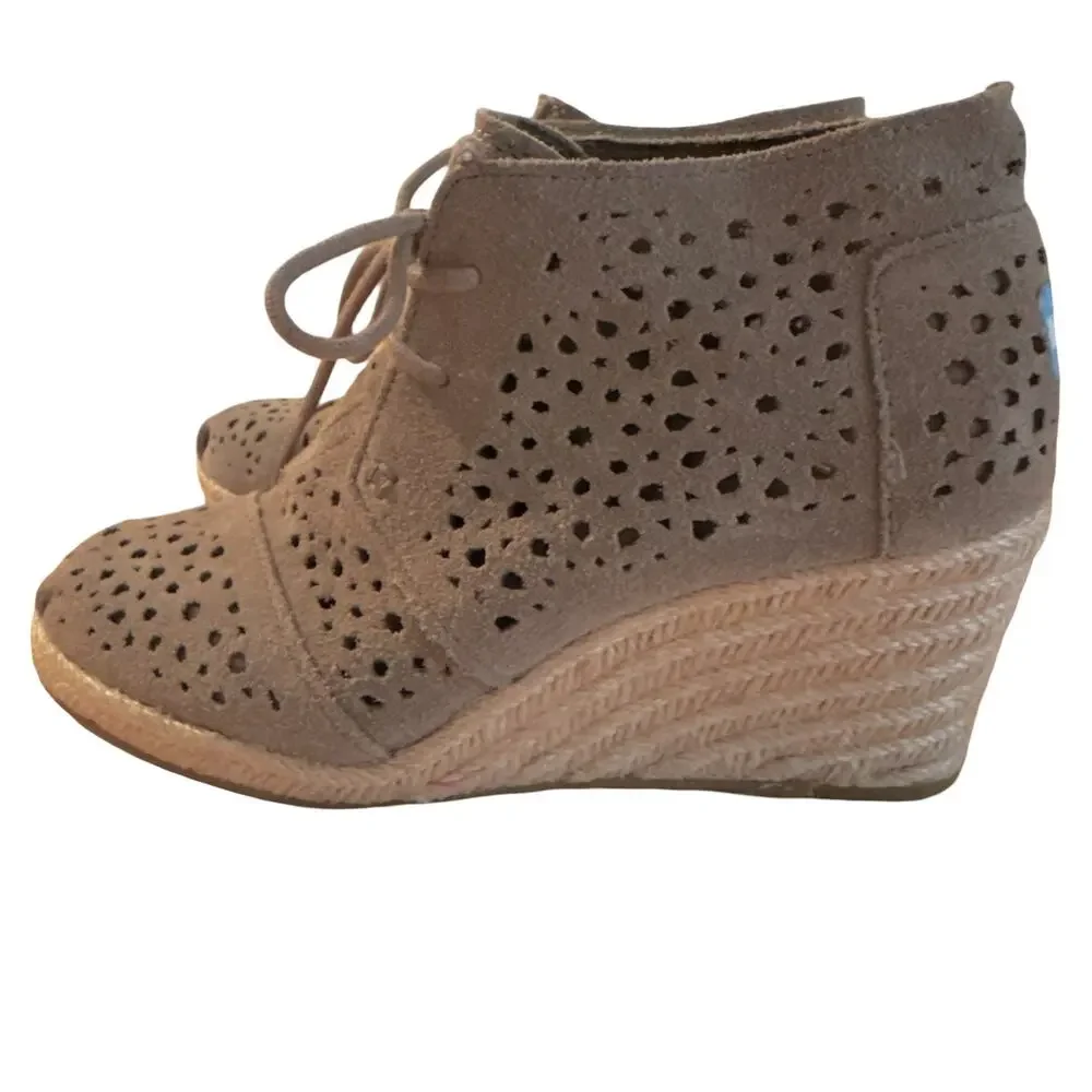 Toms Suede Leather Laser Cut Out Espadrille Wedge Ankle Booties Shoes sz 6.5